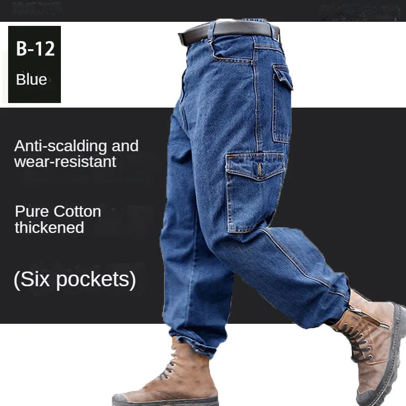 Peto pantalón ropa de hombre pantalones resistentes al desgaste anti-escaldaduras engrosamiento algodón ropa de trabajo de mezclilla pantalones de trabajo múltiples bolsillos