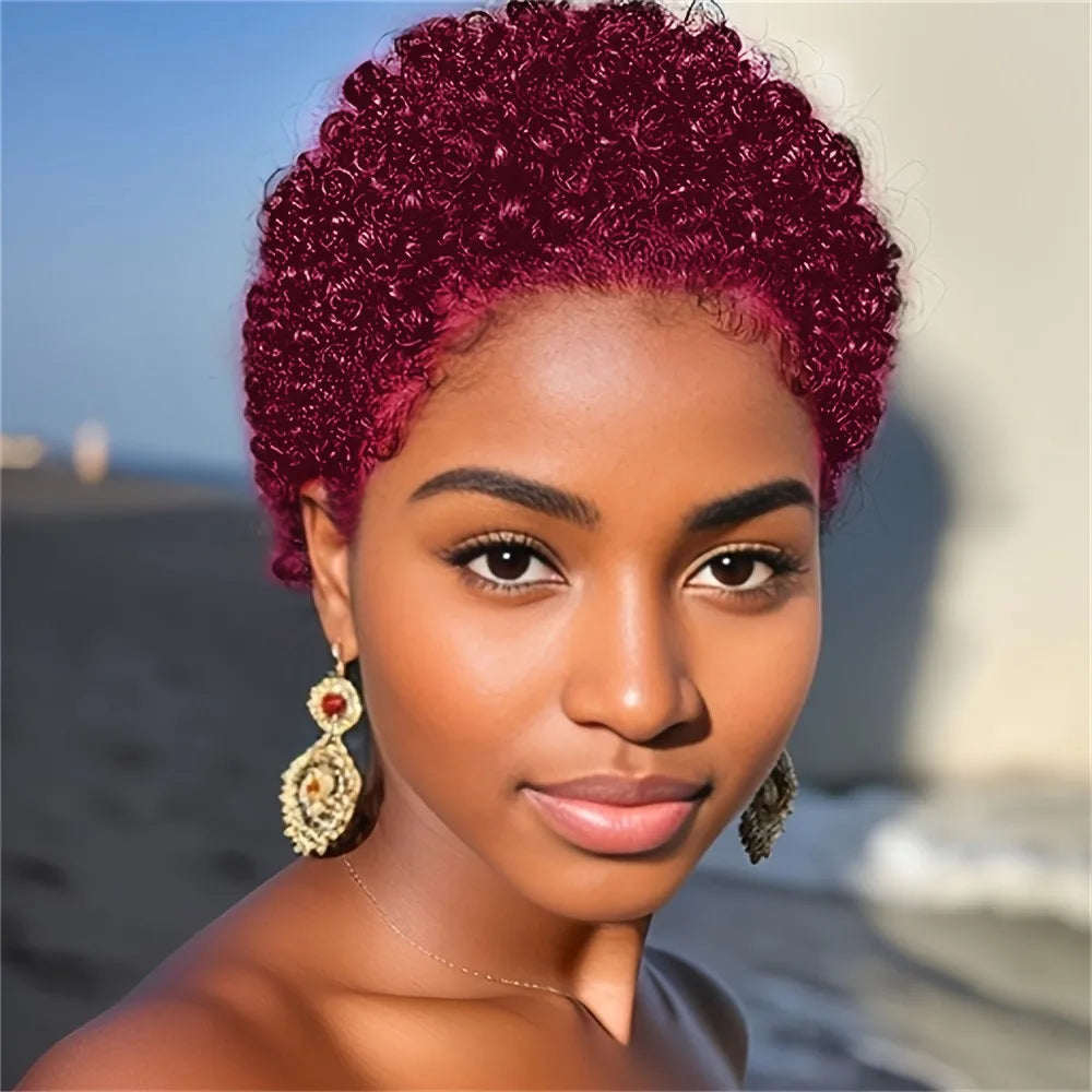 Peluca pixie, peluca corta de cabello humano, peluca rizada afro hecha a máquina, peluca pixie negra para uso diario y fiesta en mujeres