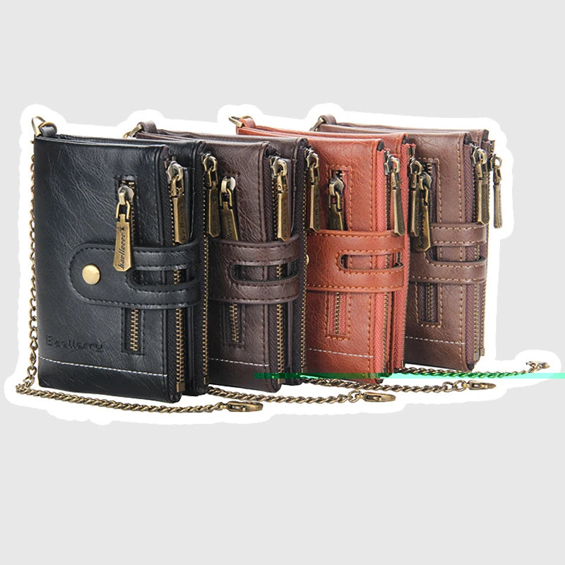 Billetera de lujo de piel sintética para hombre - Tarjetero con diseño de cadena corta, Monedero retro clásico (marca de alta calidad)