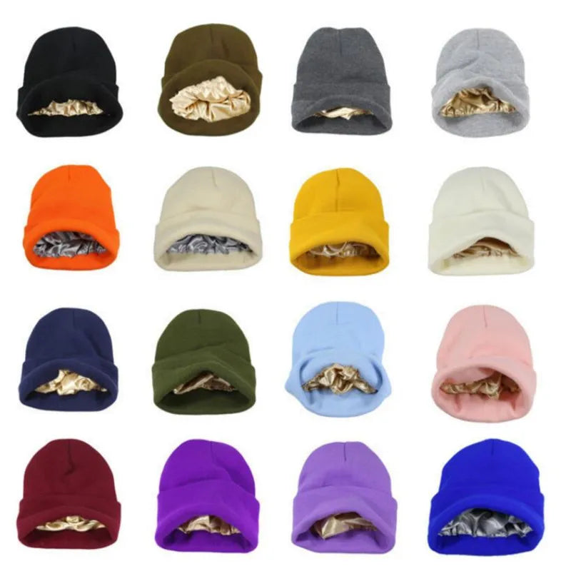 Bonnet tricoté pour femme, doublé de satin de soie, bonnet épais, chaud, hiver, pour femme et homme, bonnet Skullies, cagoule