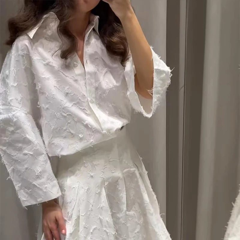 Conjunto de falda larga y camisa blanca con borlas para mujer, blusa suelta con botones, solapa y manga de puño, falda acampanada de cintura alta, conjunto de 2 piezas para verano de 2025