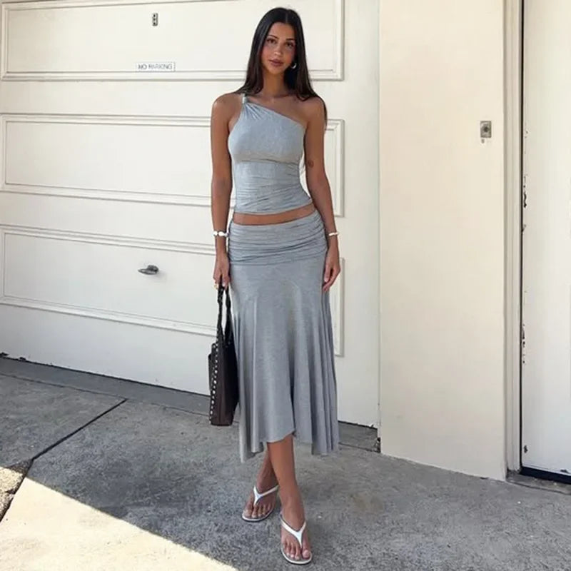 Fashion Pleated 2 Piece-Set Long Skirt For Women Off-Shoulder Cropped Pullover Top And Slim Long Skirt Sets Female Outfits
