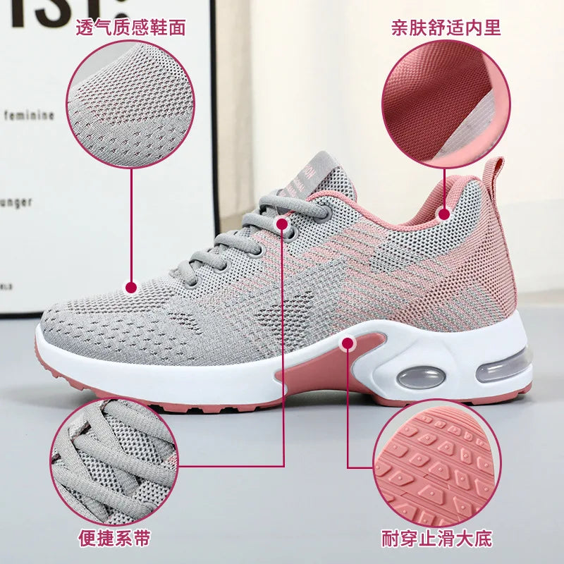 Zapatillas de running para mujer, nuevas, de primavera, de talla grande, informales, transpirables, con cordones, con cámara de aire, deportivas