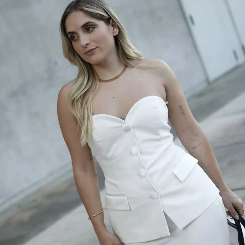 TRAF Women Crop Corset Top Summer Tanks & Camis White Black Tank Top Button Off Shoulder Sleeveless Tube Top Fashion Vests