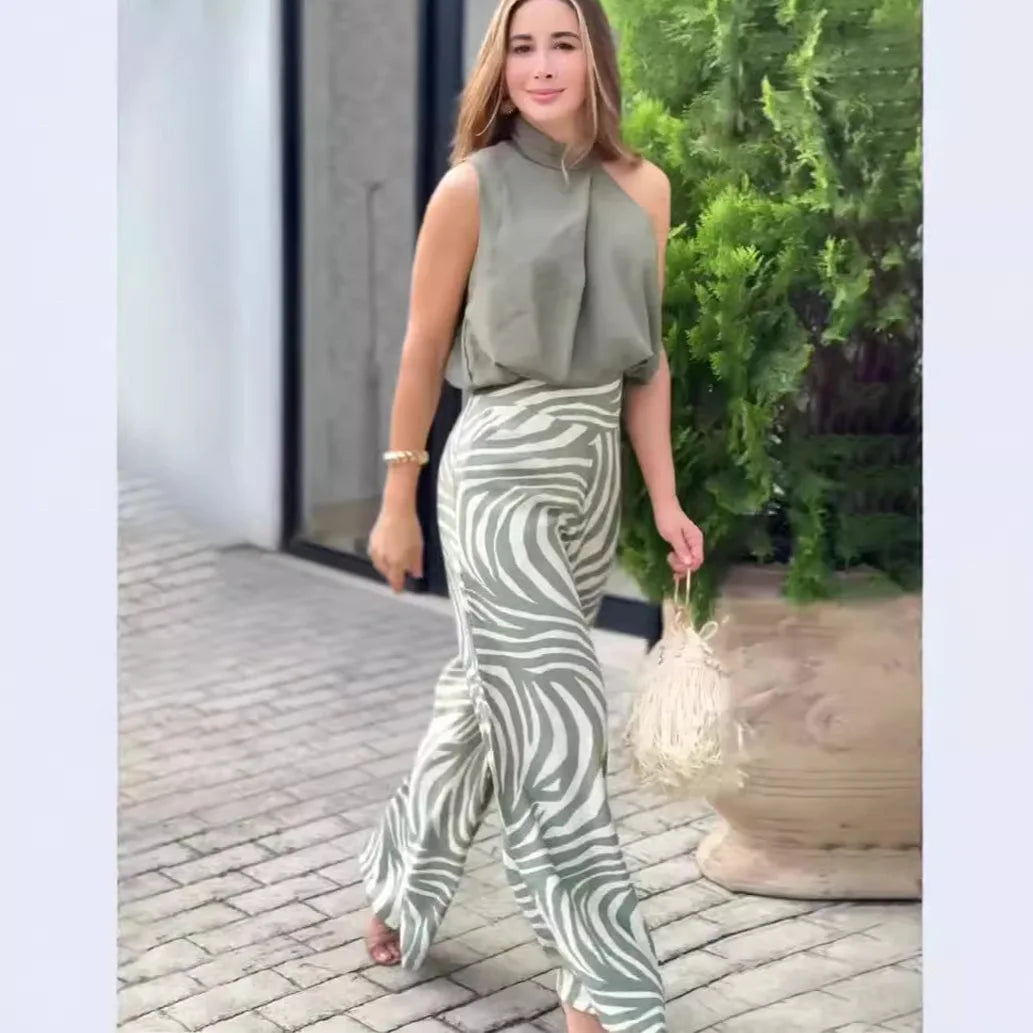 Conjunto de blusa sin mangas halter y pantalones de pierna ancha para mujer, nuevo, sexy, de verano, elegante, casual, de dos piezas para oficina