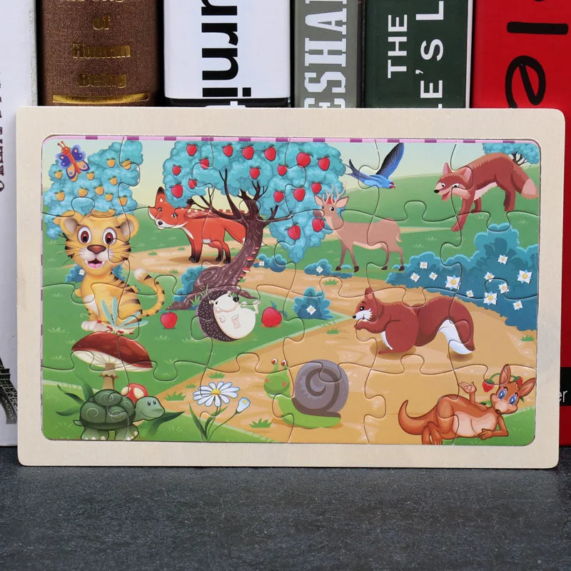 Rompecabezas de madera de 24 piezas para niños, diseño de animales de dibujos animados, juguete educativo temprano de madera para niños, regalo