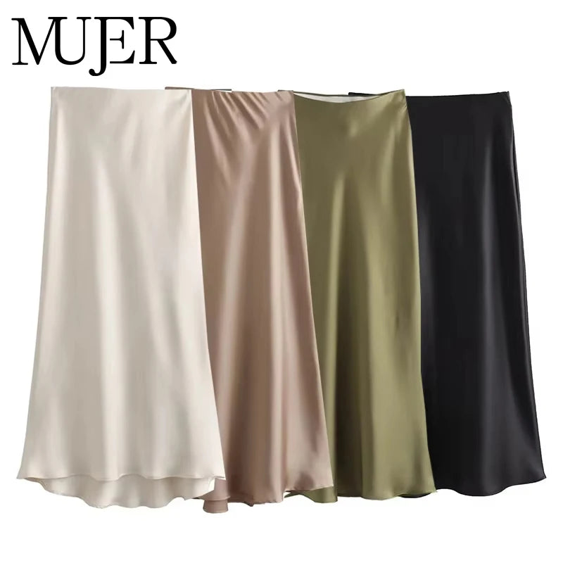 MUJER Woman Satin Skirt Women High Waist Long Skirts For Women Summer Black Midi Skirt Woman Office Elegant Women's Skirts