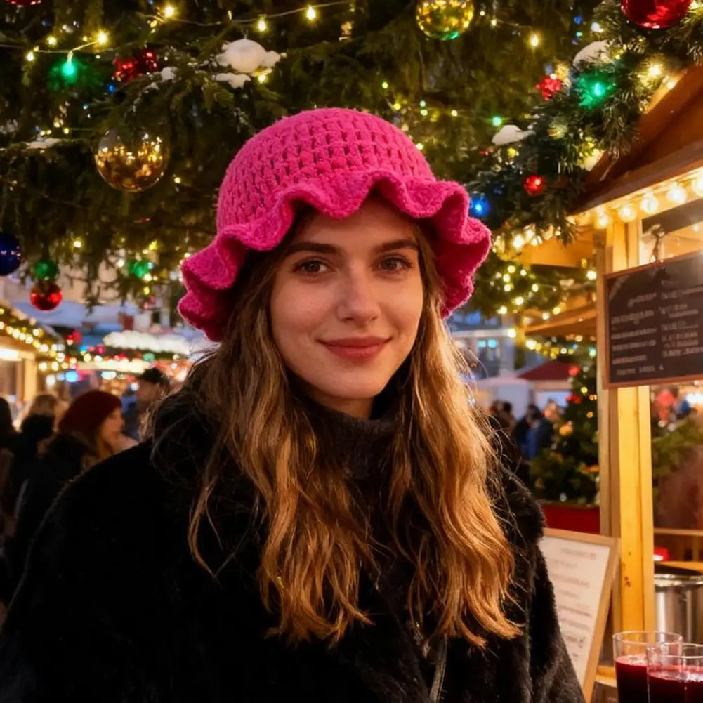 Boho Hand-Knitted Hollow Ruffled Bucket Hat – Solid Color