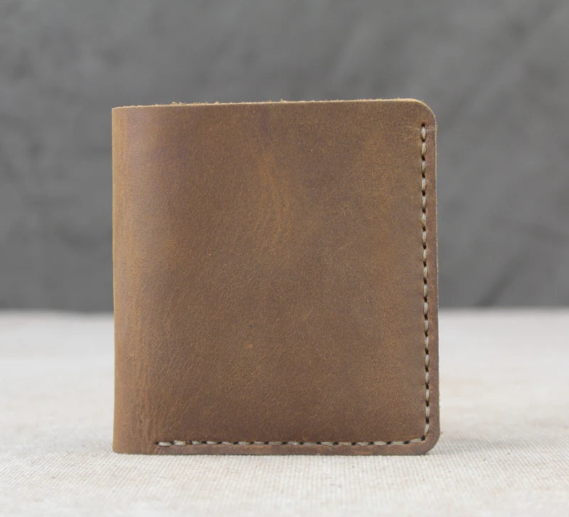 Cartera de lujo hecha a mano de cuero genuino Crazy Horse para hombre, cartera pequeña de cuero para hombre, monedero corto con clip para billetes, bolsa para dinero, café negro