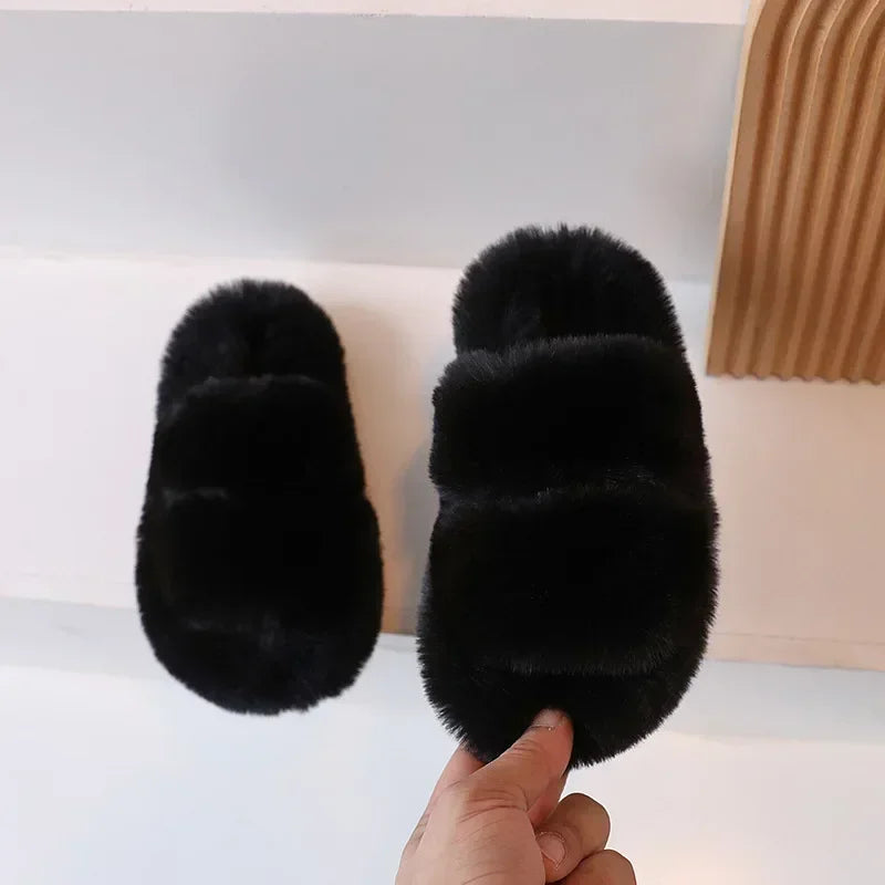 Kids Warm Shoes Solid Color Versatile Boys Girls Winter Slippers with Fur 2025 New Children Indoor Shoes Fashion Non-Slip Chic