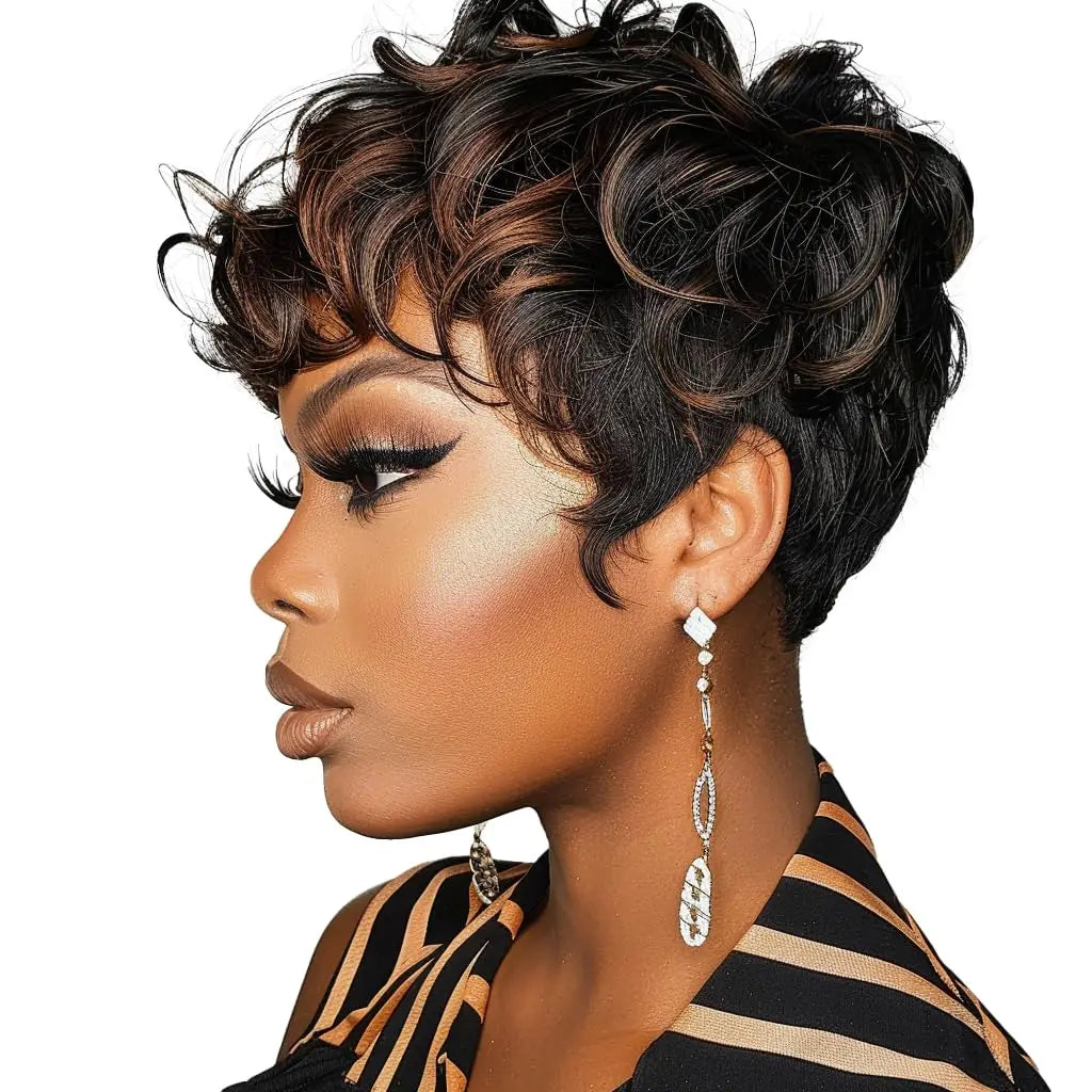 Black women's short elf wig with bangs, layered style, curly synthetic short hair wig, women's short curly wig