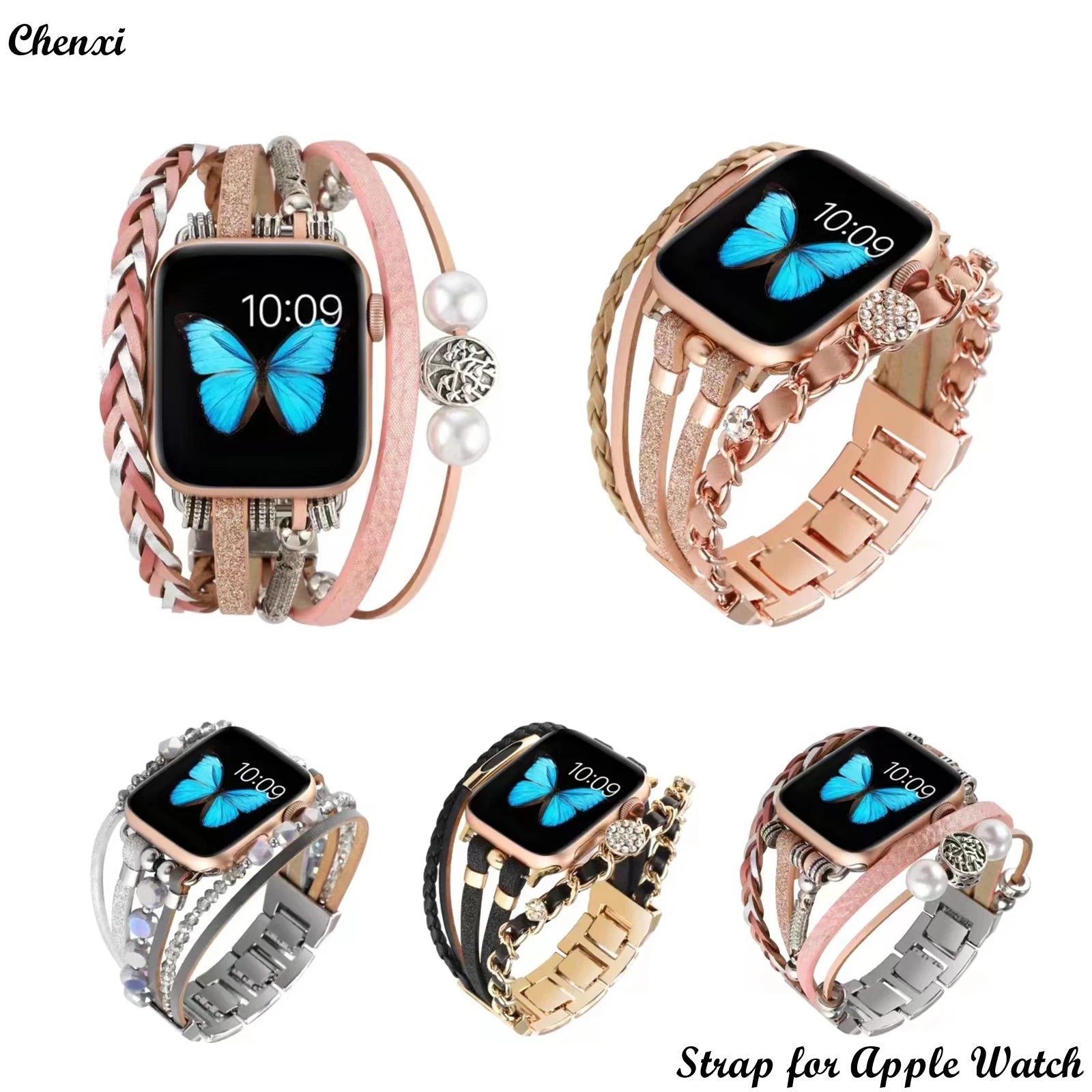 Metal Strap For Apple Watch Band Series876 SE54Ultra Women Jewelry Bracelet Chain IWatch 49mm 45mm 41mm 40mm 38 44mm Peal Wrist