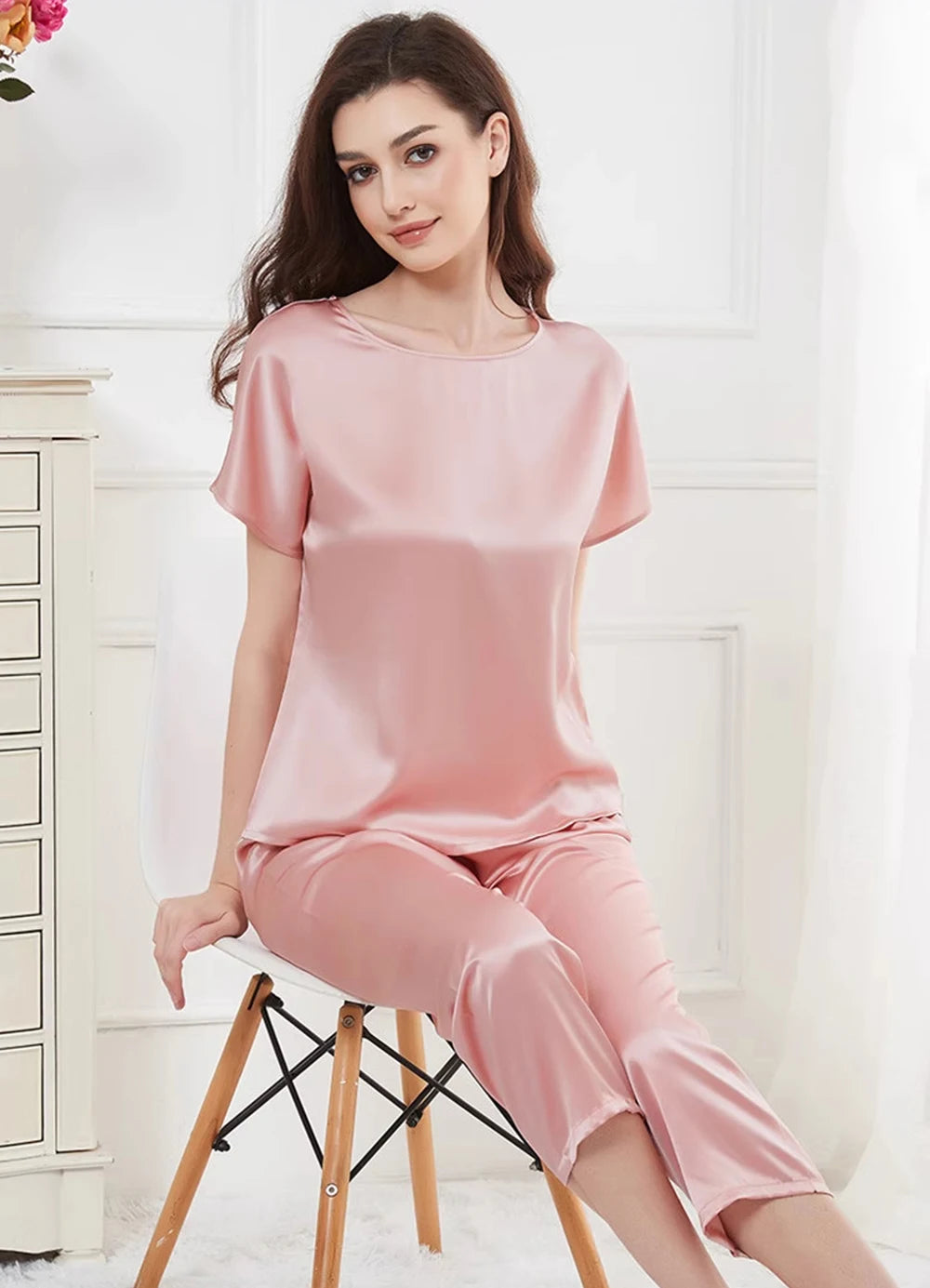Conjunto de pijama de 2 piezas para mujer, pantalones capri, top de manga corta, seda de morera de 19 mommes, ropa de dormir, pijamas, ropa de estar por casa M-3XL