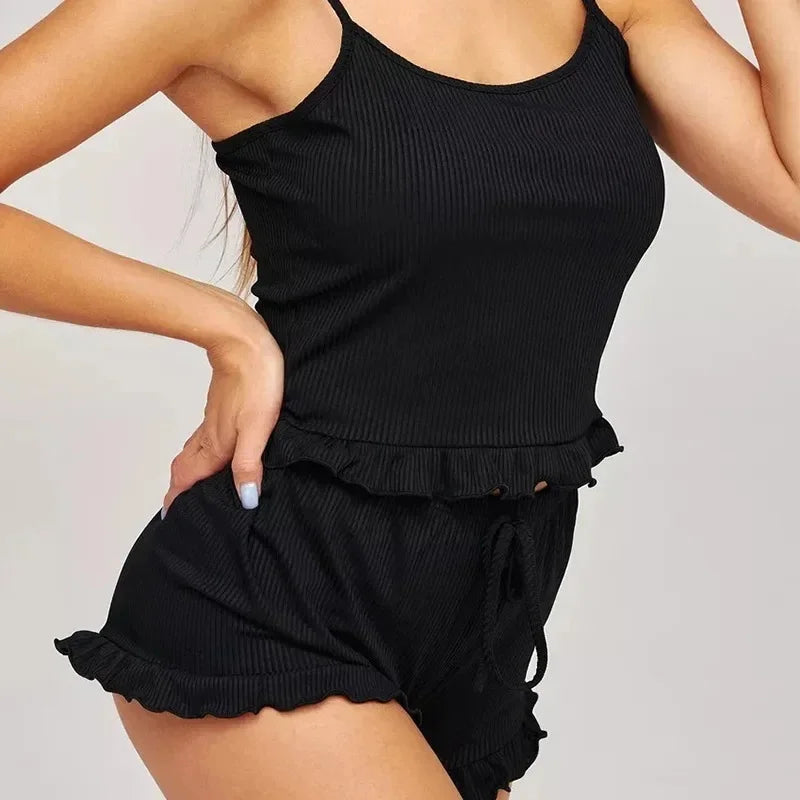 Conjunto de pijama de verano para mujer, 2 tirantes, ropa de casa, pijama suave, color sólido, pantalones cortos sexis, ropa de dormir informal ventilada para mujer