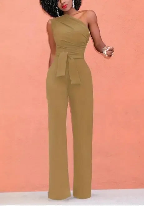 Damejumpsuit Ensfarget Skjev Krage Avskåret Topp Rette Bukser Belte Sexy Ermeløs Løse Bukser Elegant Sjarmerende Playsuits