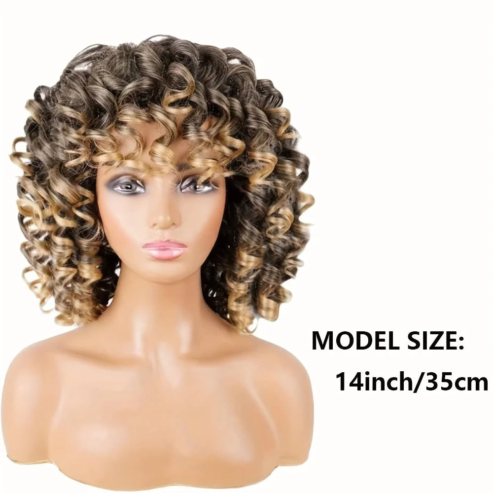 Peluca rizada corta con flequillo, peluca sintética rizada afro suave y rizada para mujeres negras, uso diario, cosplay o fiesta.