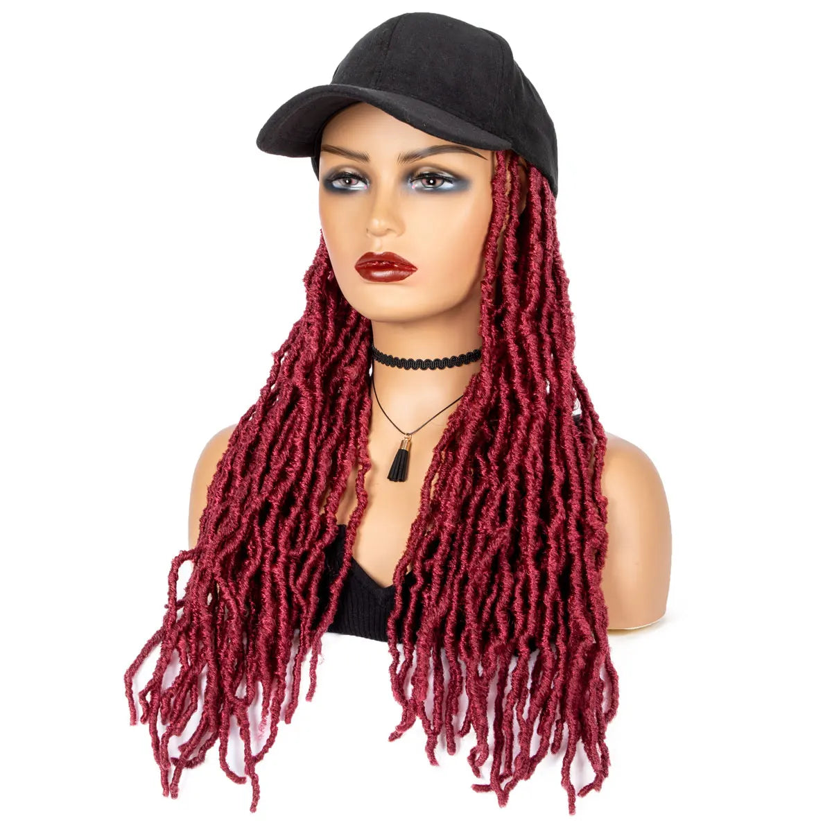 Peluca de gorra con trenzas tipo locs color borgoña