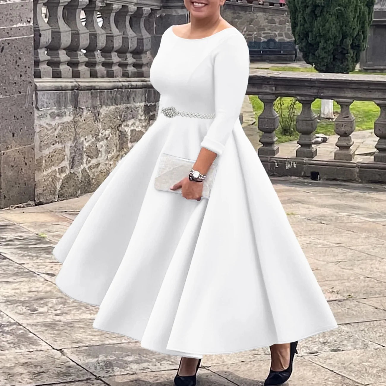 Vestidos de lujo para mujer, cuello redondo, manga larga, con cinturón en la cintura, cintura alta, plisados, línea A, hasta el tobillo, elegantes vestidos de cumpleaños para mujer