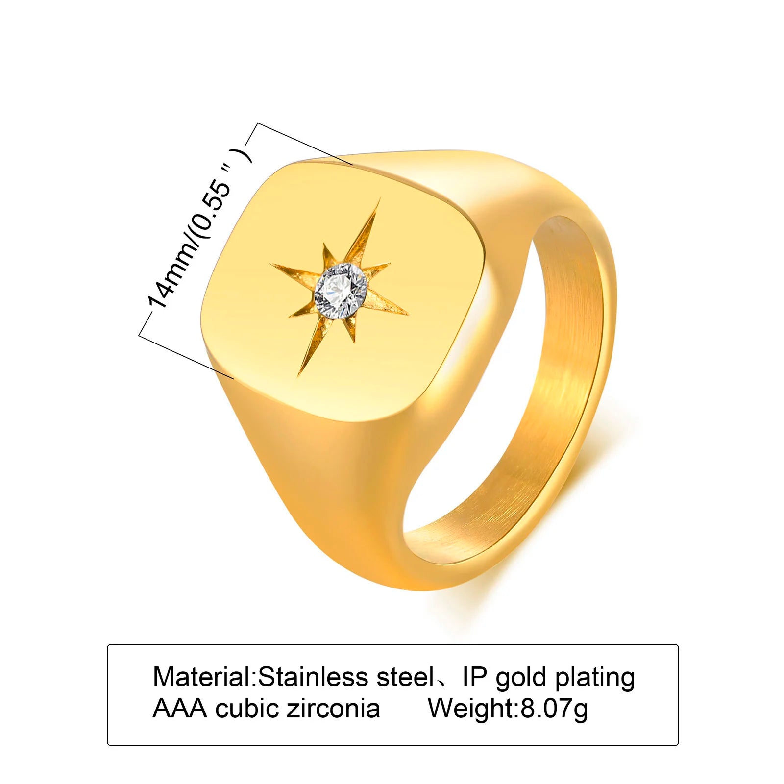 Anillo Meñique con Sello Sol de Acero Inoxidable, Anillo con Incrustaciones de Zirconia Cúbica Chapado en Oro, Joyería de Moda que No se Deslustra