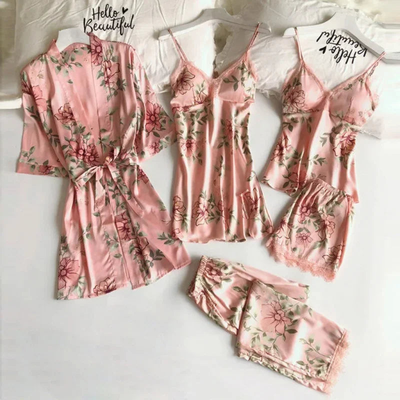 Pijama para mujer verano sexy pijama conjunto de cinco piezas pijama de tirantes para mujer ropa de casa con almohadilla para el pecho bata