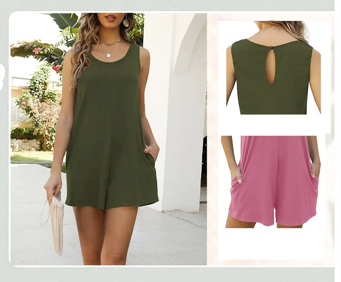 Mono corto de mujer casual de verano, holgado, con cuello redondo, sin mangas y con bolsillo lateral
