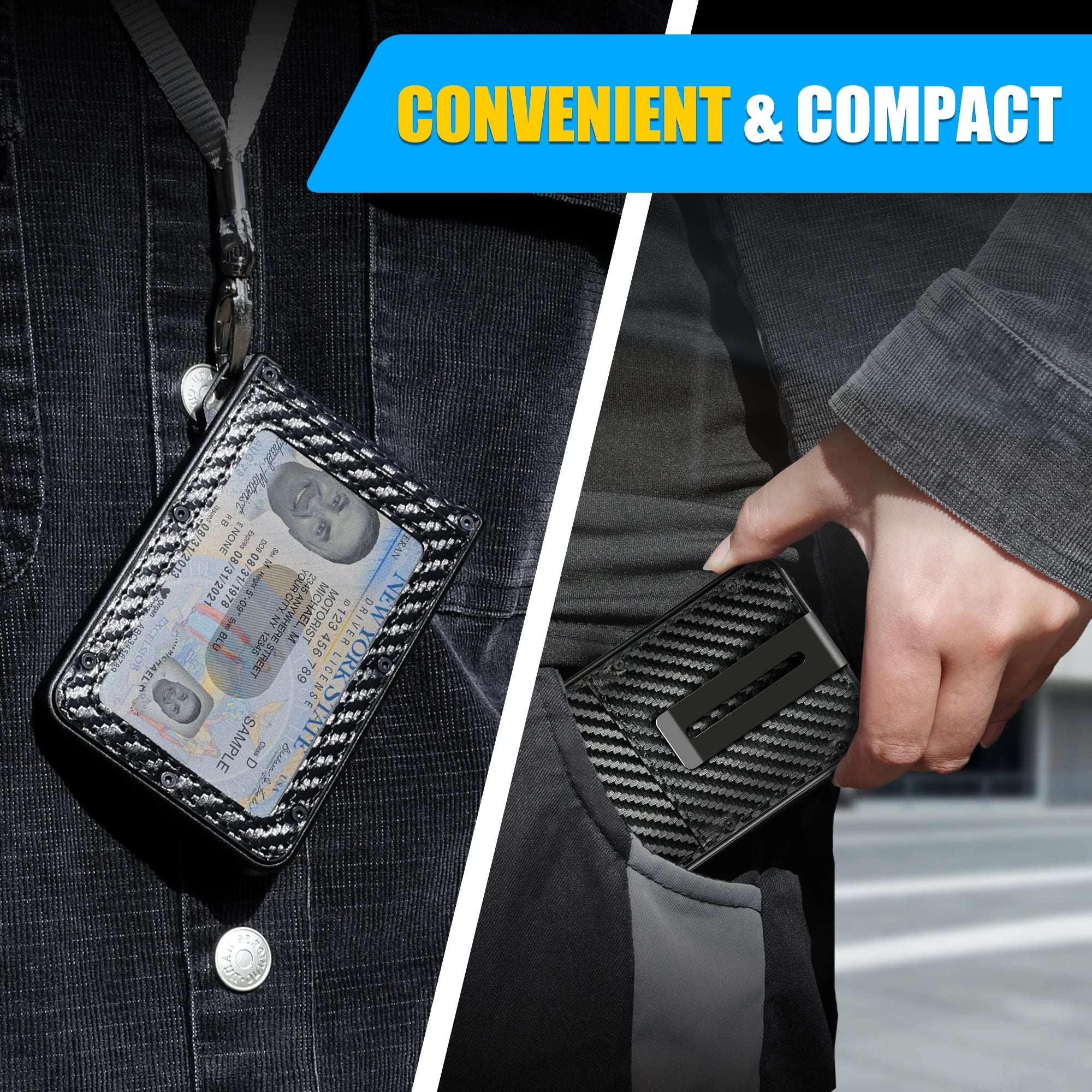 Billetera para hombre - Billetera de cuero de fibra de carbono delgada de aluminio, tiene capacidad para 10 tarjetas, tarjetero con portatarjetas de identificación transparente, clip para billetes