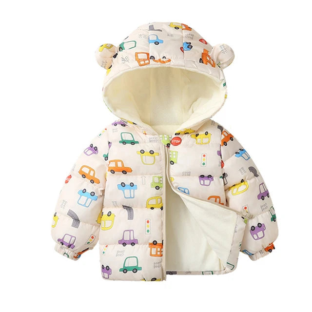 Chaqueta polar de invierno para bebés y niños, abrigos de dibujos animados para niños, chaquetas de plumón cálidas con capucha para otoño, ropa de abrigo cálida de felpa para niñas