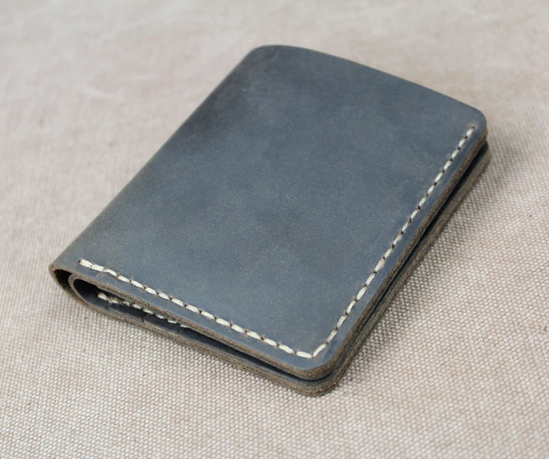 Cartera de lujo hecha a mano de cuero genuino Crazy Horse para hombre, cartera pequeña de cuero para hombre, monedero corto con clip para billetes, bolsa para dinero, café negro