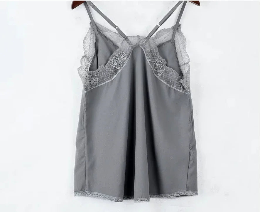 Tops de mujer - Elegante camiseta sin mangas, top de tubo, camisola de seda satinada, chaleco liso con tirantes, blusa sin mangas, ajuste francés, encaje delicado