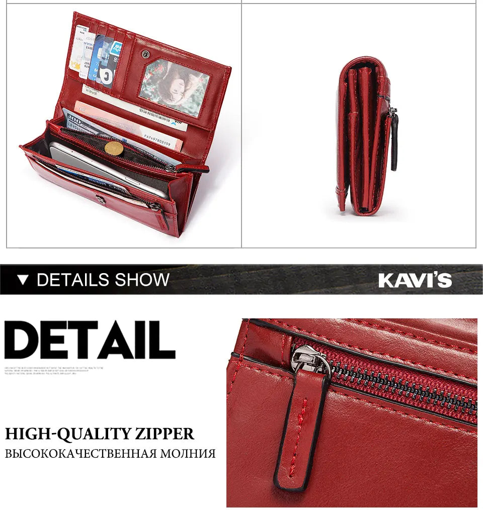 KAVIS Cartera de cuero genuino de marca de lujo para mujer, embrague largo con bolsa para teléfono celular, RFID, moda, rojo, tarjetero, bolso