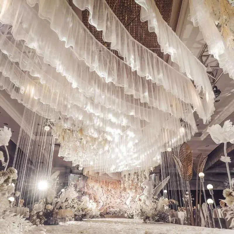 Cortinas de techo blancas de 10 m de tul, cortinas de techo de gasa con lazos para la decoración de dosel de eventos, fiestas, iglesias, salones