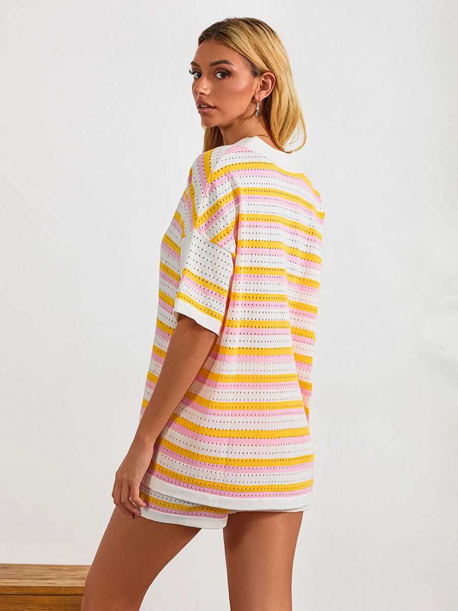 Conjunto de Pijama de Mujer de 2 Piezas Trajes de Salón Verano Rayas Contraste de Color Botón Tops de Punto de Ganchillo y Pantalones Cortos Conjuntos de Salón Playa