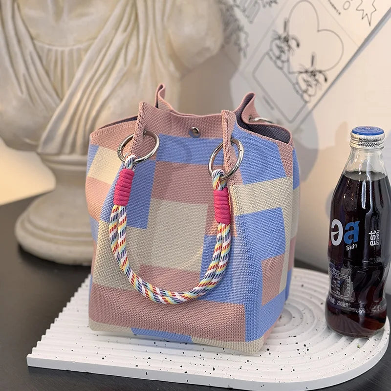 Metal Ring Handbag Fashionable Women'S Bucket Bag Knit Tote Bag Spacious Color Block Handbag For Leisure Travel Daily Commuting
