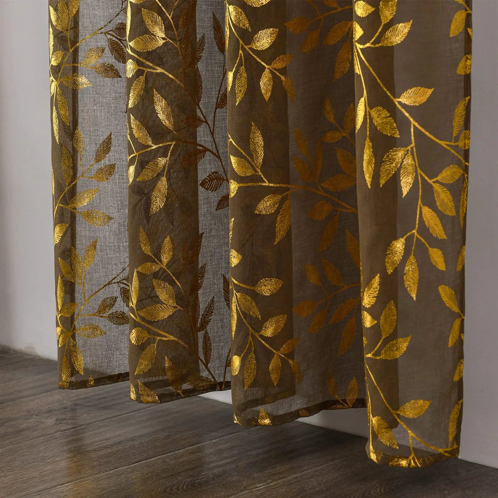 Taupe Gold Leaf Sheer Curtains (Pair)