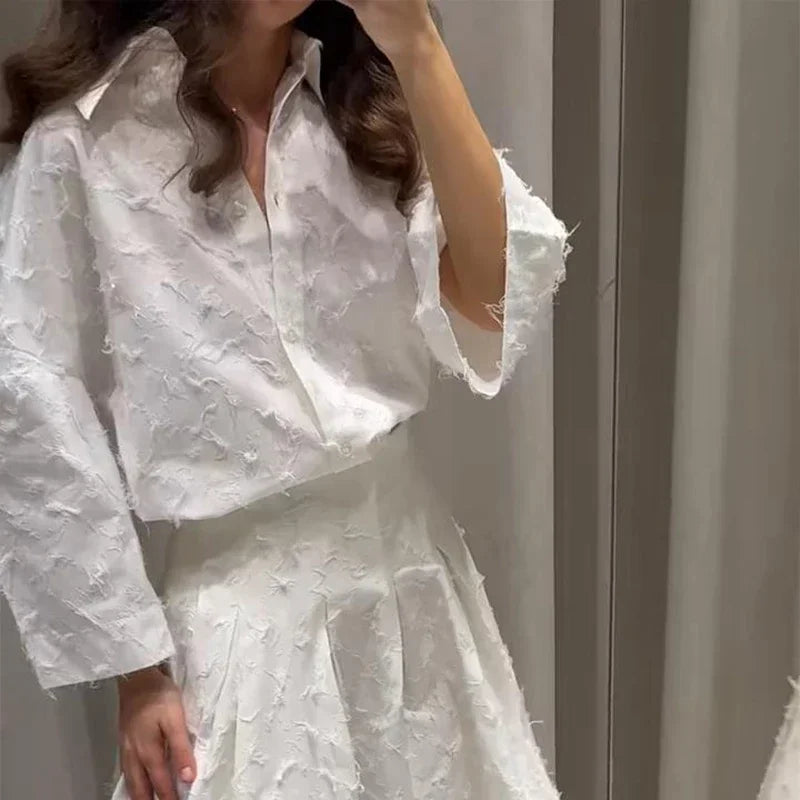 Conjunto de Falda Larga y Camisa con Borlas de Verano para Mujer Elegante Blanco Suelto Cintura Alta Plisada Maxi Faldas Trajes 2025 Ropa de Calle para Oficina