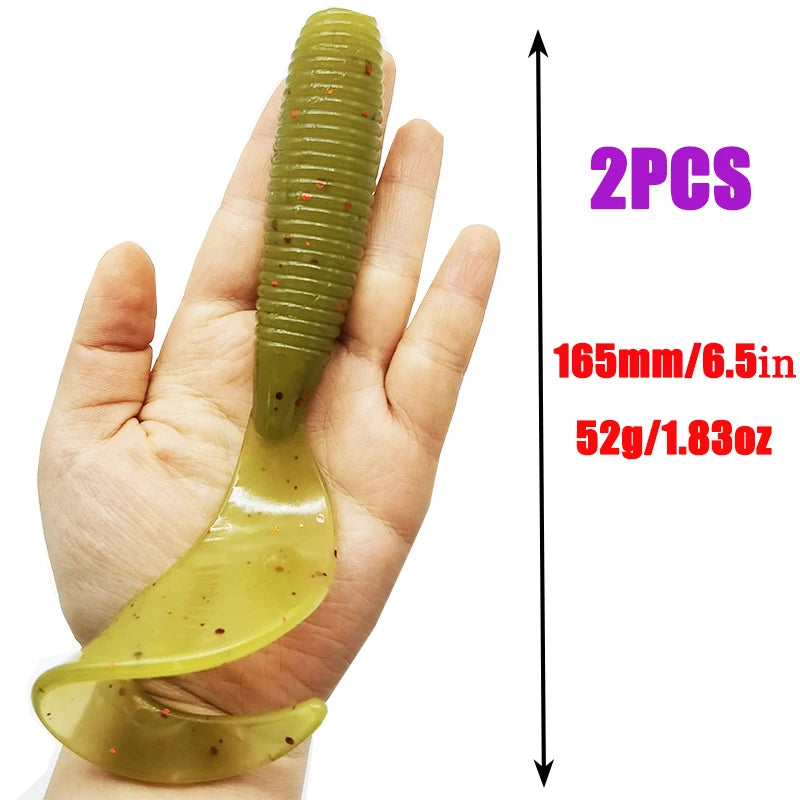 2 unidades de señuelos de pesca de 165 mm/6,5 pulgadas/52 g, señuelos artificiales blandos, equipo de pesca con cola de lubina