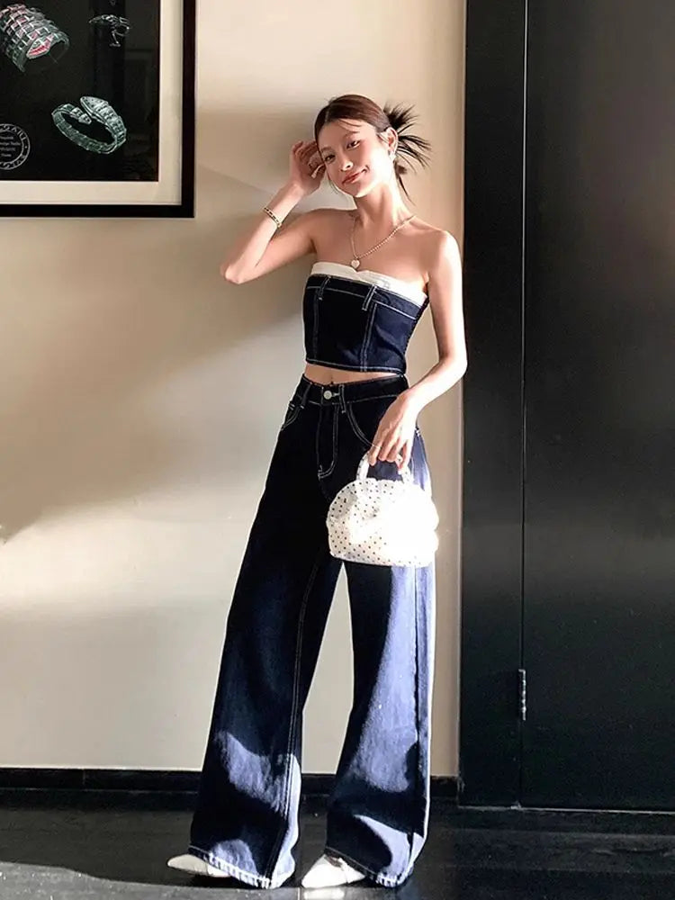 Conjunto de pantalón de mujer Verano Azul Contraste Top sin tirantes Chica Caliente Pantalones vaqueros de talle alto Adelgazantes Conjunto de dos piezas Ropa de mujer