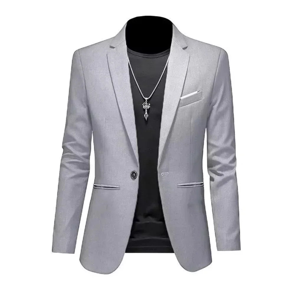 Chaqueta tipo traje boutique de ocio de moda para hombres, informal de otoño, corte ajustado, sin planchado, con un solo botón, color liso, blusa formal