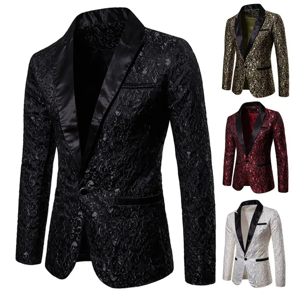 Chaqueta de hombre de lujo con jacquard, un botón, corte ajustado, cuello vuelto, de alta calidad, para bodas y banquetes
