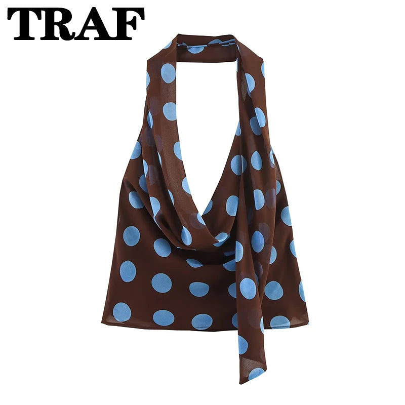 TRAF Faldas Midi Estampadas de Lunares Conjuntos de Dos Piezas para Mujer Trajes Chic de Top Halter con Pañuelo de Verano Conjuntos de 2 Piezas para Mujer de Playa