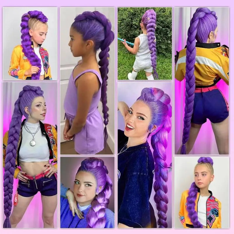 New 1Piece DIY 26inch Cosplay Wig KPOP Rumi Long Purple Braided Dress Up Accessories Ponytail Braid Heat Resistant Synthetic Wig