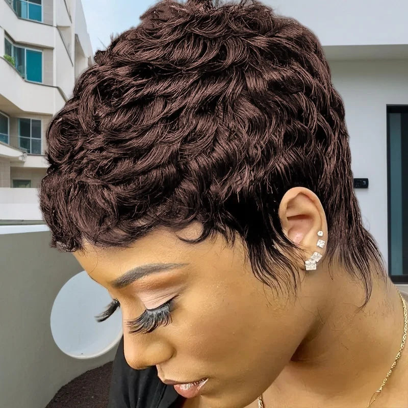 Corte pixie 99j color castaño 4 pulgadas 150 % densidad, pelucas de cabello humano liso y corto en capas hechas a máquina para mujer, uso diario, peluca Remy