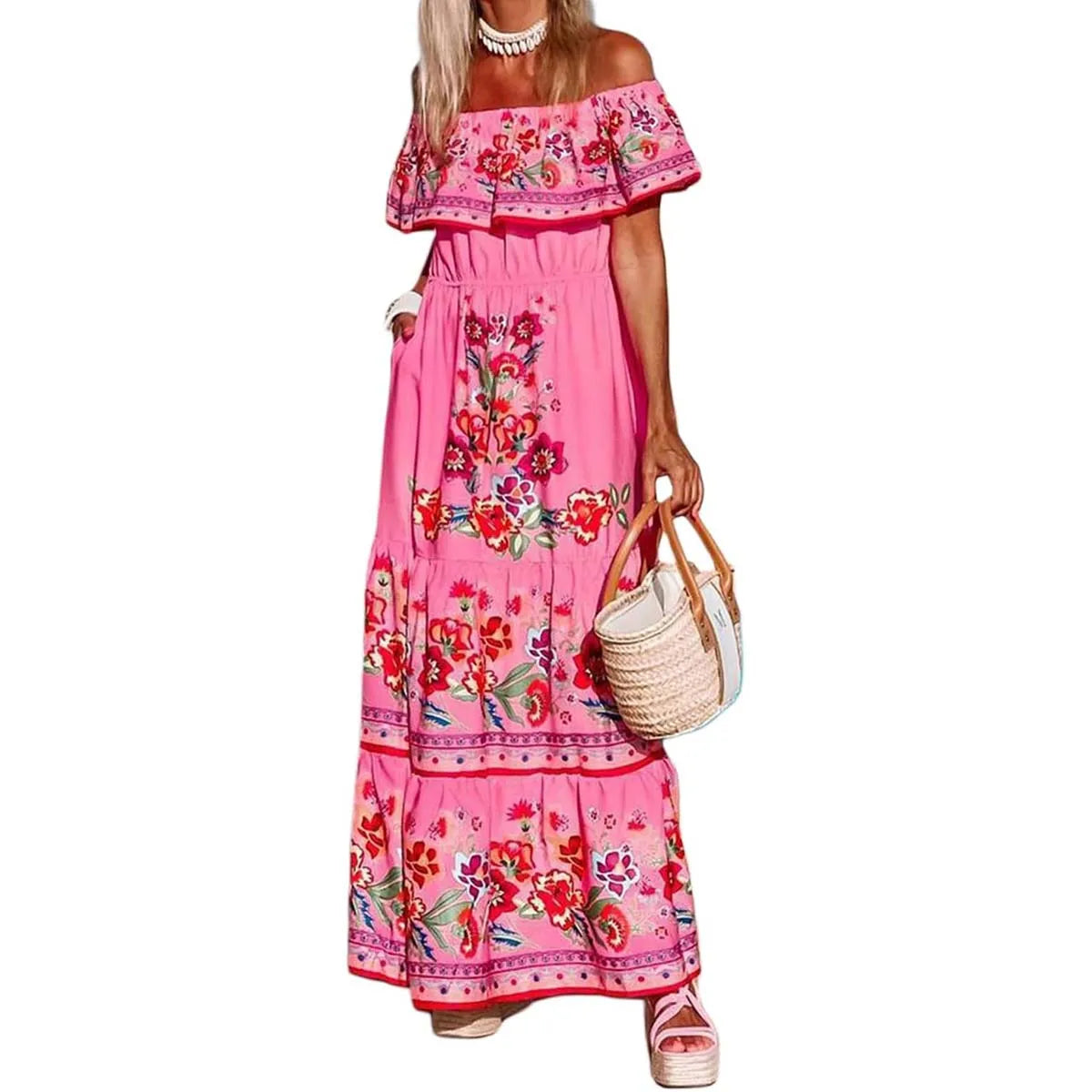 Vestido mexicano tradicional étnico mexicano del Cinco de Mayo con estampado floral de verano y hombros descubiertos para mujer