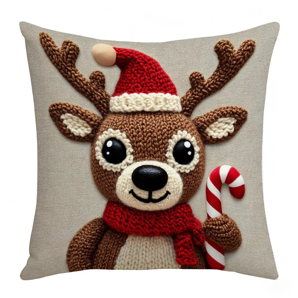 Funda de almohada navideña – Diseño de Papá Noel, muñeco de nieve y alce