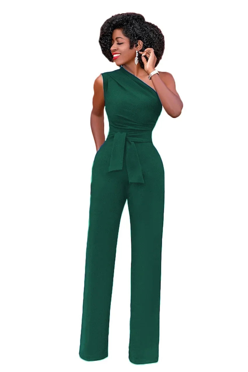 Damejumpsuit Ensfarget Skjev Krage Avskåret Topp Rette Bukser Belte Sexy Ermeløs Løse Bukser Elegant Sjarmerende Playsuits