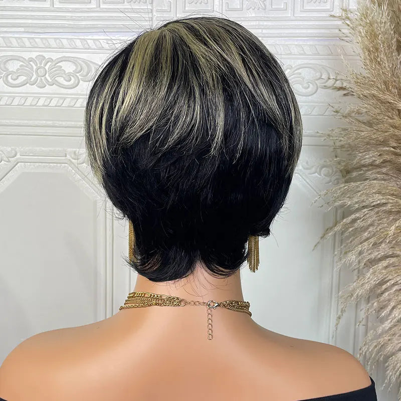 Short Straight Human Hair Wigs Highlight Color Brazilian Remy Hair Pixie Cut Wig Cheap Human Hair Machine Wig For Black Women