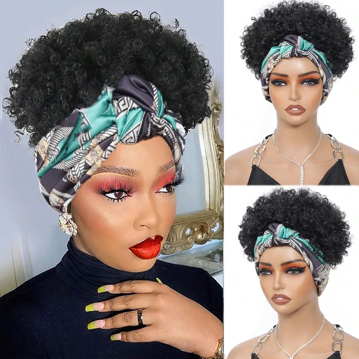 Women Afro Kinky Curly Wig With Synthetic Short Hair Wigs With Headband Attached Headwrap Wigs Kinky Curly Headband Wig