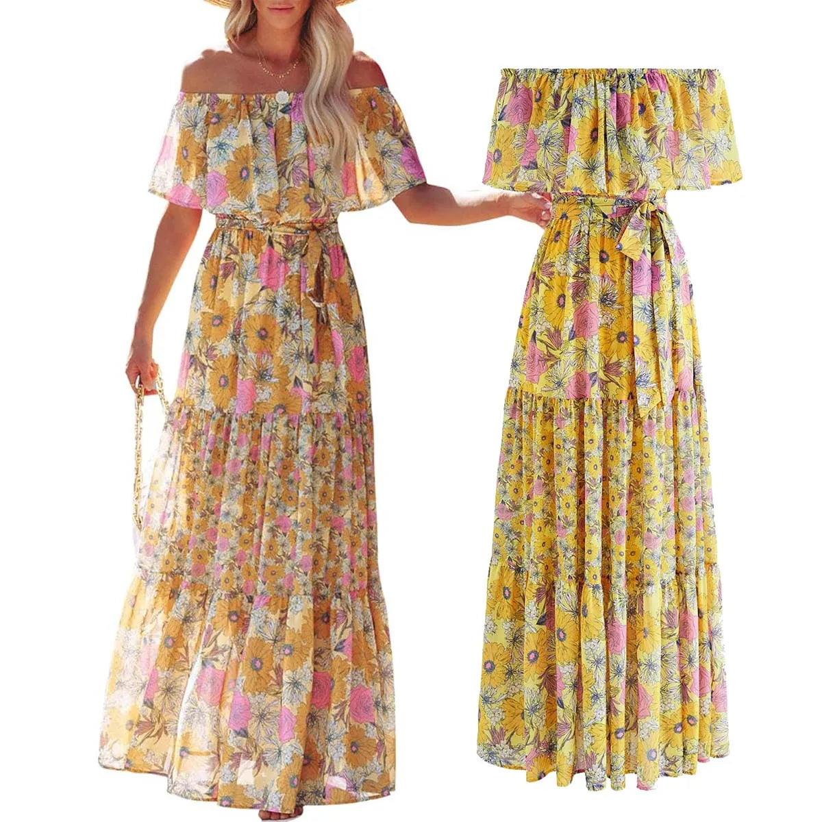 Vestido mexicano tradicional étnico mexicano del Cinco de Mayo con estampado floral de verano y hombros descubiertos para mujer