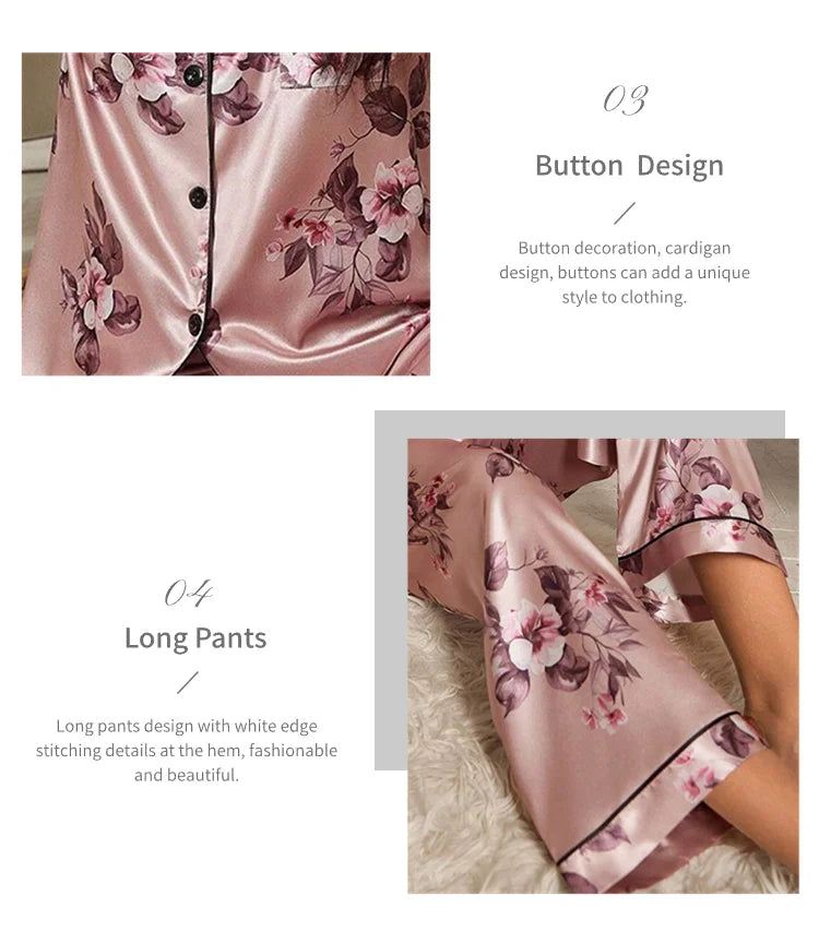 Pijama de satén elegante para mujer, conjunto de pijama con estampado floral, top de manga corta con botones y solapa, y pantalón largo para dormir o estar en casa