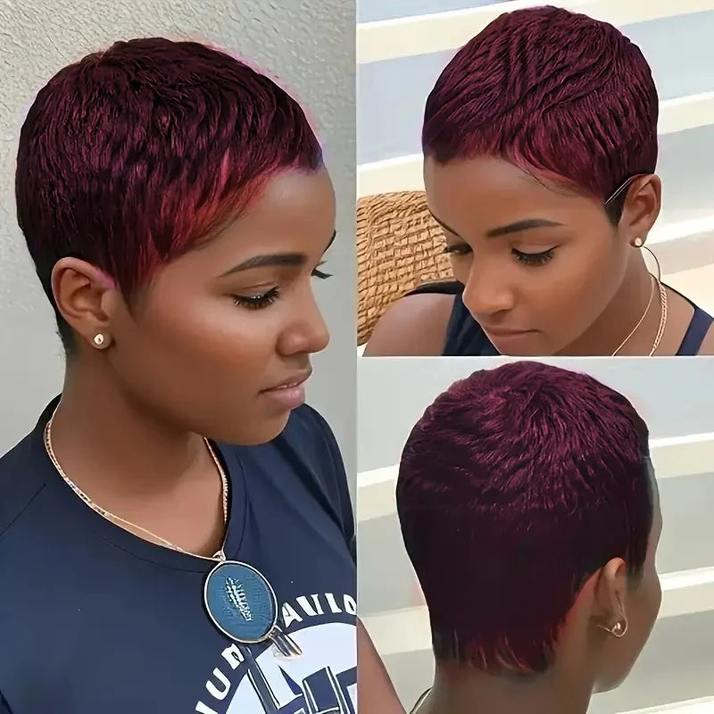 Perruque Cheveux Courts Pixie Coupe Cheveux Naturels=Perruques Cheveux Naturels pour Femmes Couleur Noire Entièrement Faite à la Machine